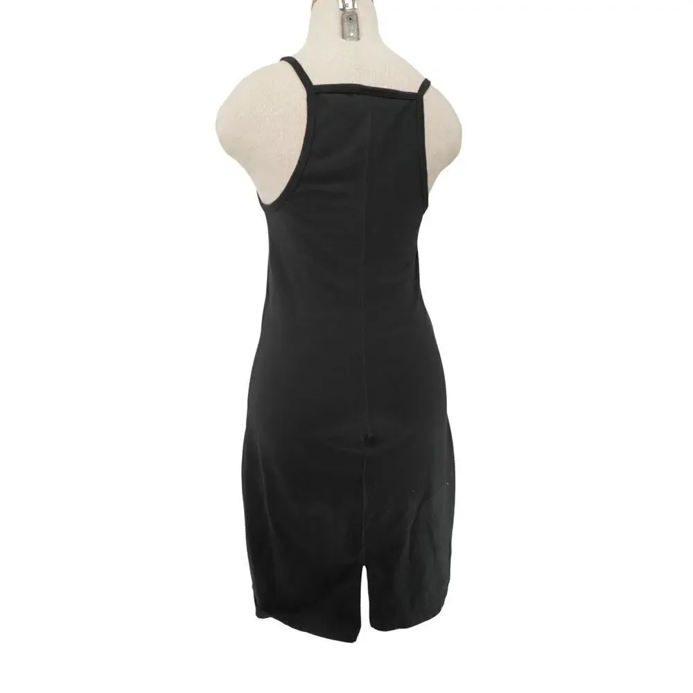 Nike Y2K Black Mini Dress Gold Script Logo Spaghetti Strap Bodycon Size Medium